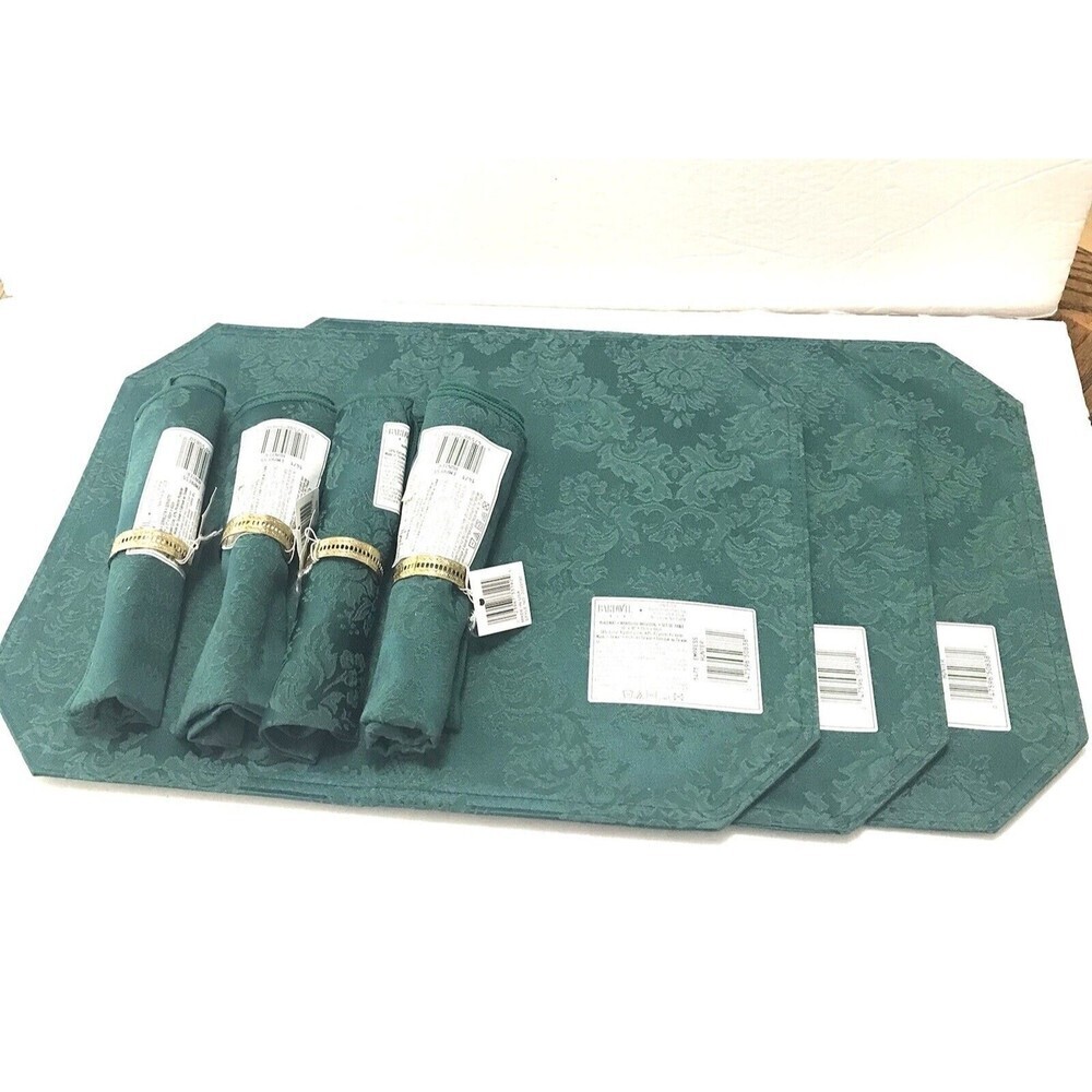 NWT Set Of 4 Bardwil Linens Green Floral Napkins(17"x17") & 3 Placemats(13"x18")